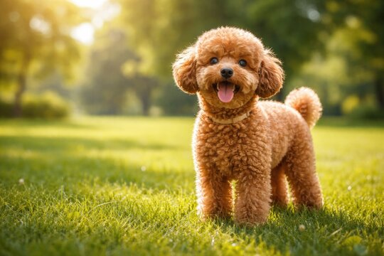 Happy small brown poodle pet playing on green lawn with full length summer portrait and copy space