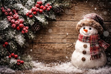 Obraz premium Rustic Christmas backdrop featuring frost covered holly berries and a snowman on weathered wood for festive seasonal messaging