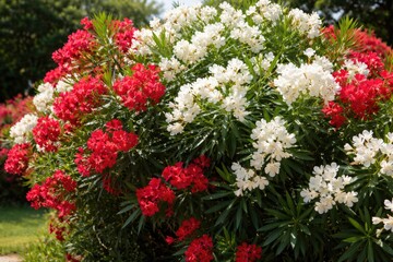 Obraz premium Vibrant Oleander shrubbery with mixed red and white blooms
