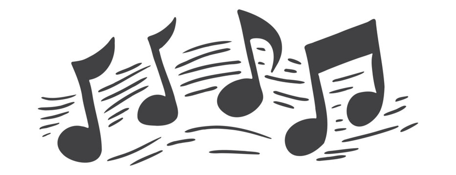 Black music notes in linocut style. Hand-drawn eighth note icons with sound wave lines. Minimalist vector illustration of musical notation. Quaver symbols for artistic and creative audio design