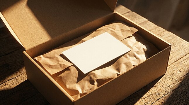 A mock-up of the brand's unboxing, showing an open kraft paper box with tissue paper and cardboard on rustic wood.