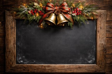 Obraz premium Festive chalkboard decoration with bells and vintage style on reclaimed wooden frame with copy space