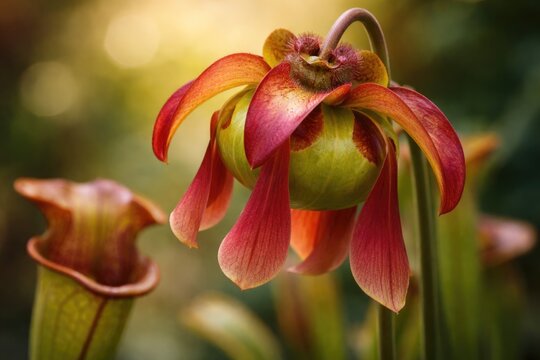 Detailed shot of an insectivorous pitcher plant flower against a soft blurred backdrop