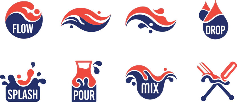 Collection of creative liquid wave and splash icons for beverage, water, and chemical industry branding.