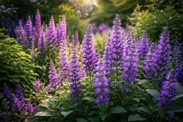 Obraz premium Colorful Purple Sage Flowers Blooming Surrounded by Dense Greenery in a Garden