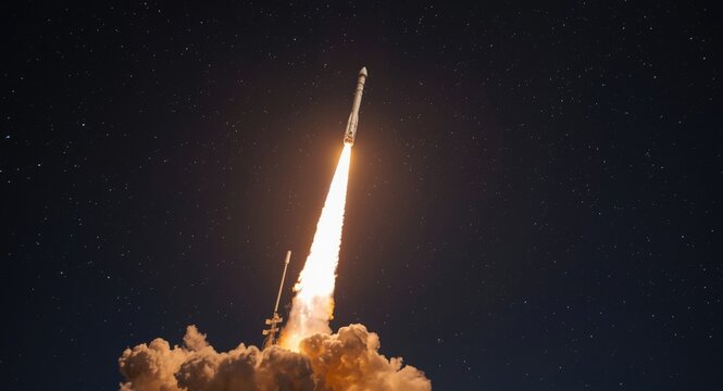 Spacecraft lift off with rocket thrust piercing the night starry expanse