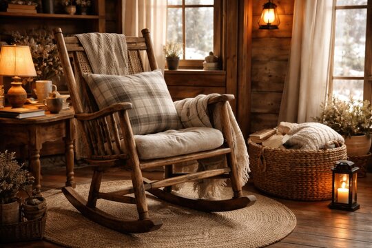 Cozy room featuring a rustic wooden rocking chair with cushion and basket