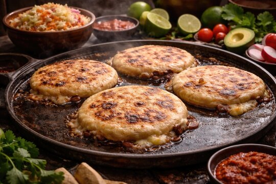 Savory pupusas cooked on a comal accompanied by classic garnishes and fresh toppings