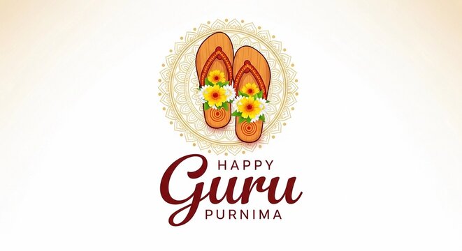 Happy Guru Purnima Greeting Card with Guru Paduka and Flowers
