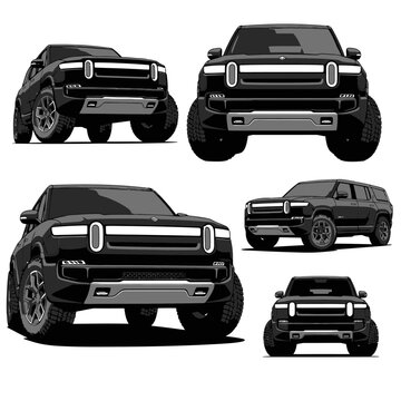 Rivian R1S Electric Off-Road SUV Multi-Angle Silhouette Vector Set