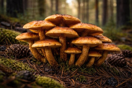 Detailed macro shot of Rustgill fungi cluster in pine woodland setting