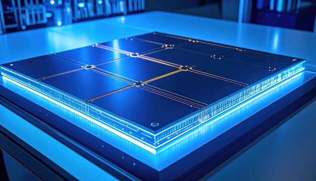 Intricate superconducting qubit array etched onto a polished silicon wafer, glowing with advanced quantum technology.