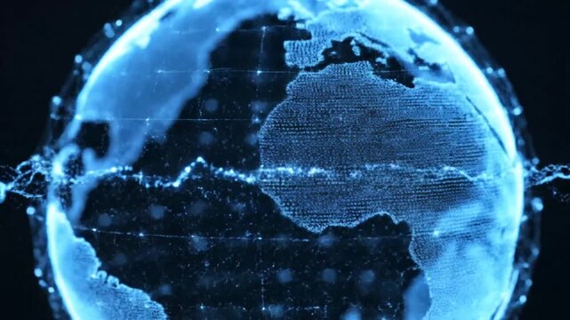 Glowing blue digital earth globe with connections.