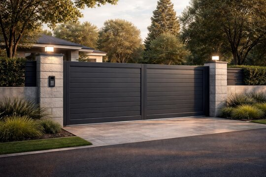 Modern boundary fence featuring a motorized gate