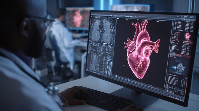 Cardiologist examines 3D MRI scan of heart after heart attack in ICU setting with focus on patient care and health monitoring