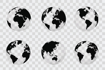 Fototapeta premium Six Globe Illustrations Showing Different Continents on Transparent Background