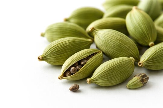 Macro image of vibrant green cardamom pods on plain white backdrop including copy space for food design