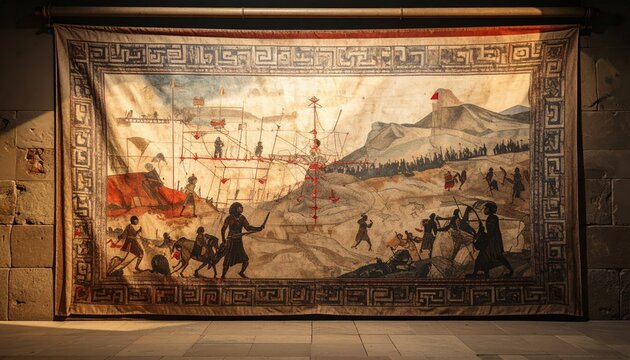Intricately Woven Ancient Tapestry Depicting Historical Battlefield Maneuvers and Tactical Formations