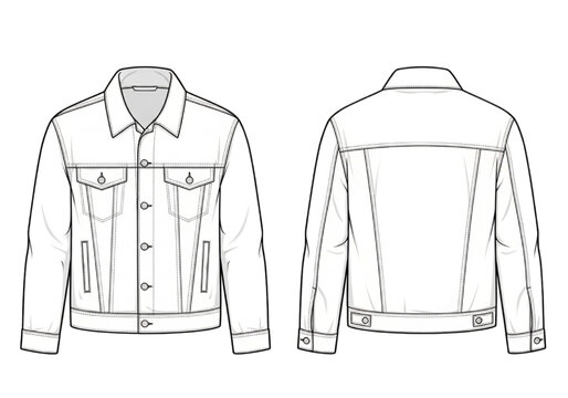Fashion CAD illustration of a denim jacket front and back view technical drawing for apparel design