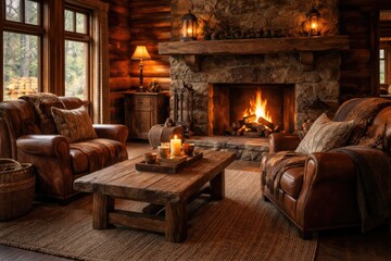 Naklejka premium Comfortable seating arrangement by a bright fire in a rustic lodge room