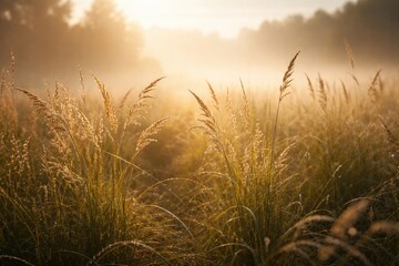 Naklejka premium Misty early morning scene with tall grass bathed in warm soft sunlight and gentle focus