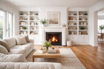 Naklejka premium Modern white living room with wooden floors fireplace and side bookcases in blur
