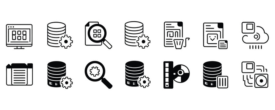 Black and white line icons of database management and data storage concepts
