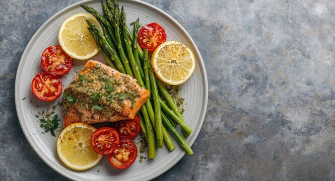 Overhead image of herb crusted salmon with grilled asparagus and halved tomatoes plus copy space area