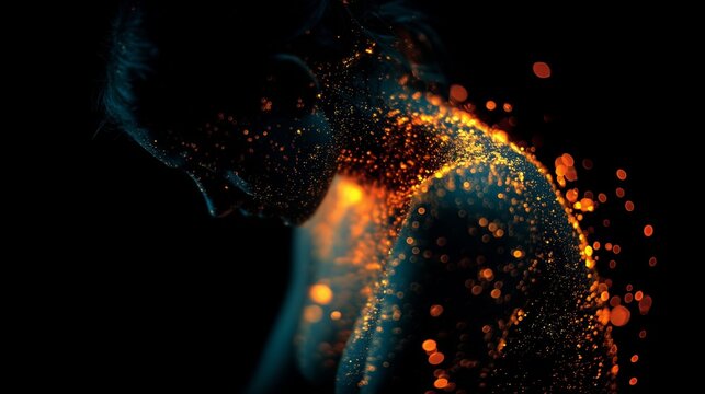 A person is depicted in a dark setting with glowing points representing pain and fatigue