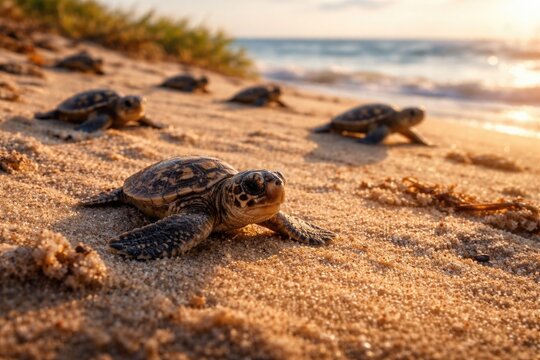 Happy loggerhead hatchlings making their way across the warm sand in a coastal habitat