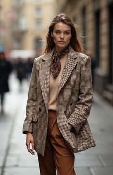 Woman wears houndstooth blazer with patterned neck scarf. She poses in terracotta trousers on an urban street. Casual chic outfit for city walk. Stylish business look.