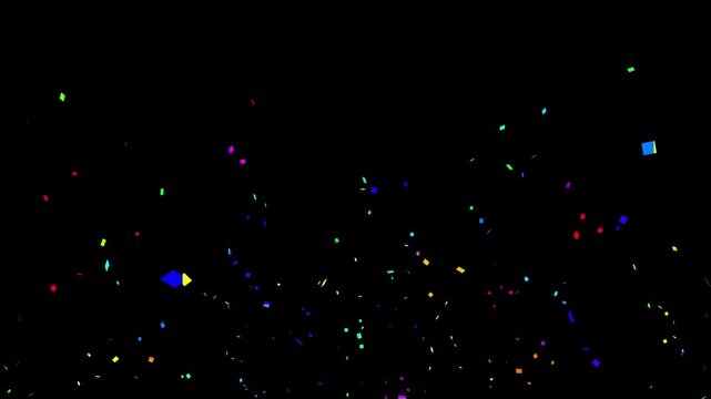 Animation of golden and variety colorful confetti falling down on black background.  Confetti fired in the air during a glorious Anniversary party. confetti Burst Effect for Celebration Party.4k