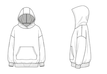 Detailed CAD Fashion Design Illustration of a White Hoodie with Kangaroo Pocket and Hood from Front and Side Views © akila