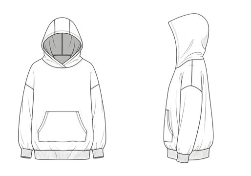 Detailed CAD Fashion Design Illustration of a White Hoodie with Kangaroo Pocket and Hood from Front and Side Views