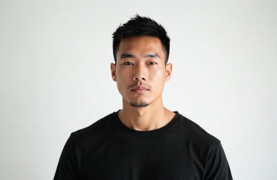 Young asian man in black t-shirt against white background. Male model has serious expression and short dark hair. He looks directly at the camera with confidence and style.
