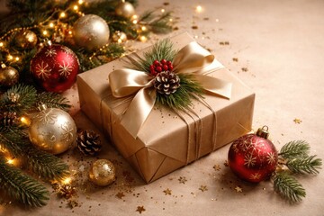 Obraz premium Christmas themed product presentation with wrapped gift and baubles set on beige surface
