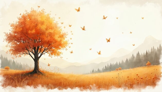 Autumn tree with orange foliage and flying butterflies in a meadow landscape. Misty mountains and pine forest in distance. Soft watercolor art style.