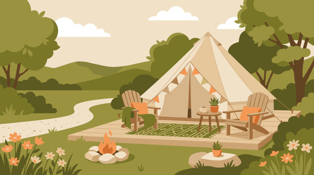 A cozy glamping campsite with a bell tent, chairs, and campfire in a serene nature landscape. Ideal for travel, vacation, or relaxation themes. Vector.