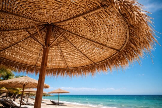 Detailed weave of beach straw sunshade under clear blue skies