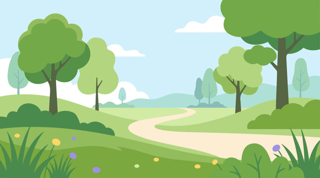 Beautiful park landscape with green trees, hills, and a path. Flat vector illustration for background or web design. Serene and peaceful nature.