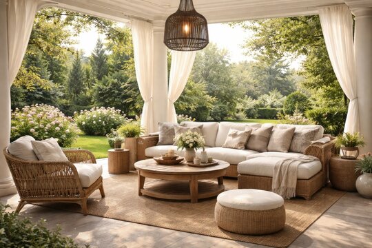 Stylish garden lounge furniture setup on a charming open verandah