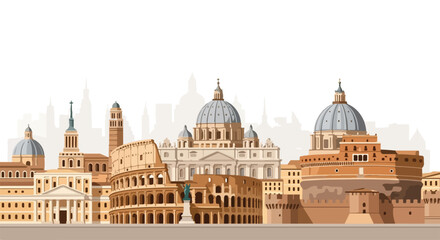 Obraz premium Illustration of a city skyline with various buildings and domes in warm beige and orange tones against a white background.