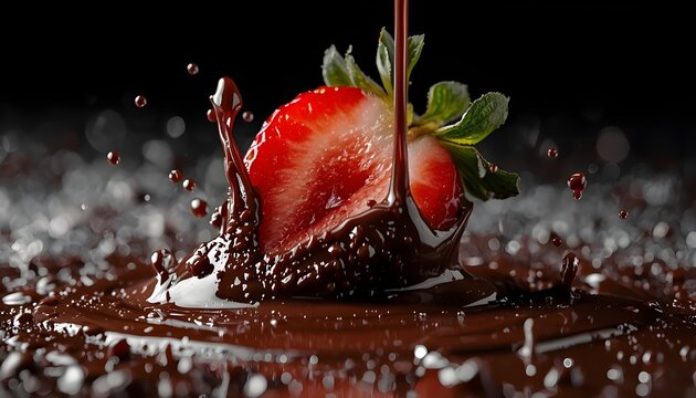 A juicy strawberry being splashed with rich, velvety chocolate in a dark setting