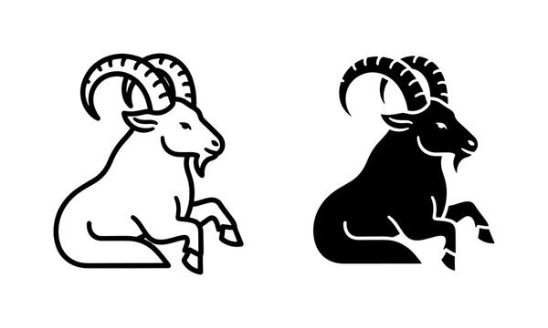 Mountain Ibex Goat Silhouette and Line Art Vector