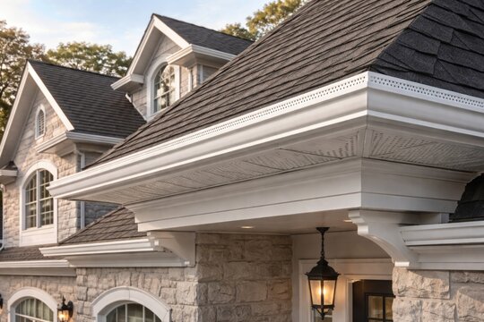 High-end single-family home attic featuring white gutter guard and gray vinyl soffit design