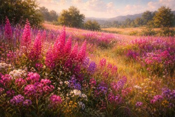 Fototapeta premium Colorful field of blooming wild plants with magenta hues in a scenic outdoor painting