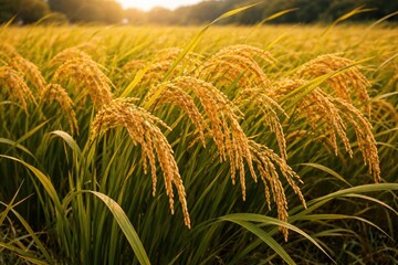 Fototapeta premium Organic golden rice crops ripening in green farm fields under soft autumn breeze