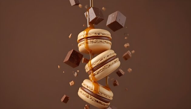 A stack of macarons with chocolate and caramel sauce falling against a brown background