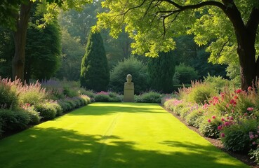 Obraz premium Manicured green lawn leads to bust statue in formal English garden. Vibrant flower beds flank pathway. Tall cypress trees and leafy branches form lush backdrop.