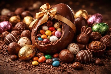 Obraz premium Yummy Easter chocolate egg accompanied by a selection of sweet chocolates
